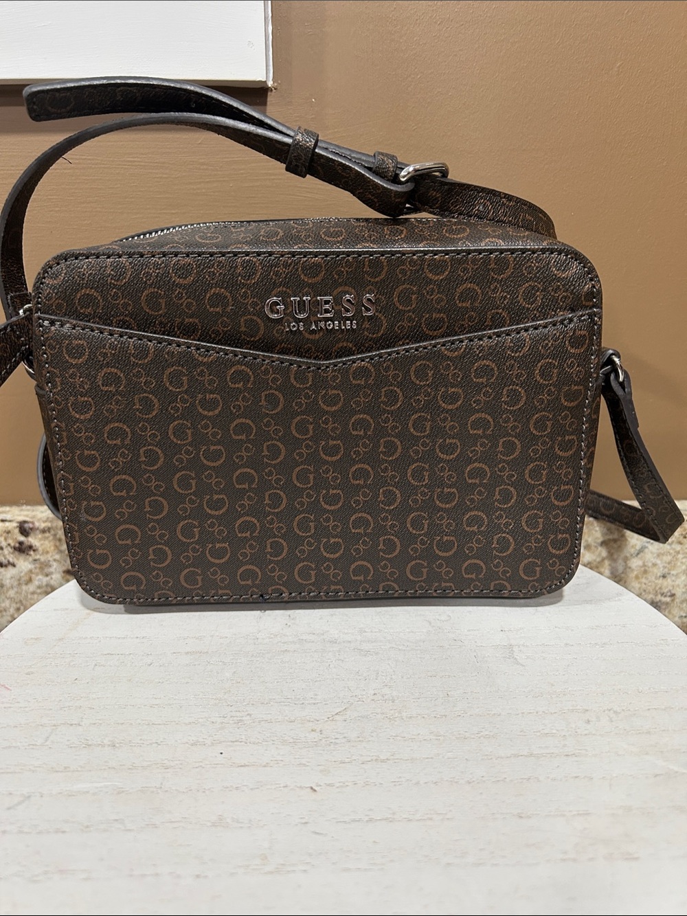 GUESS Los Angeles Monogram Saffiano Crossbody Bag - Pristine